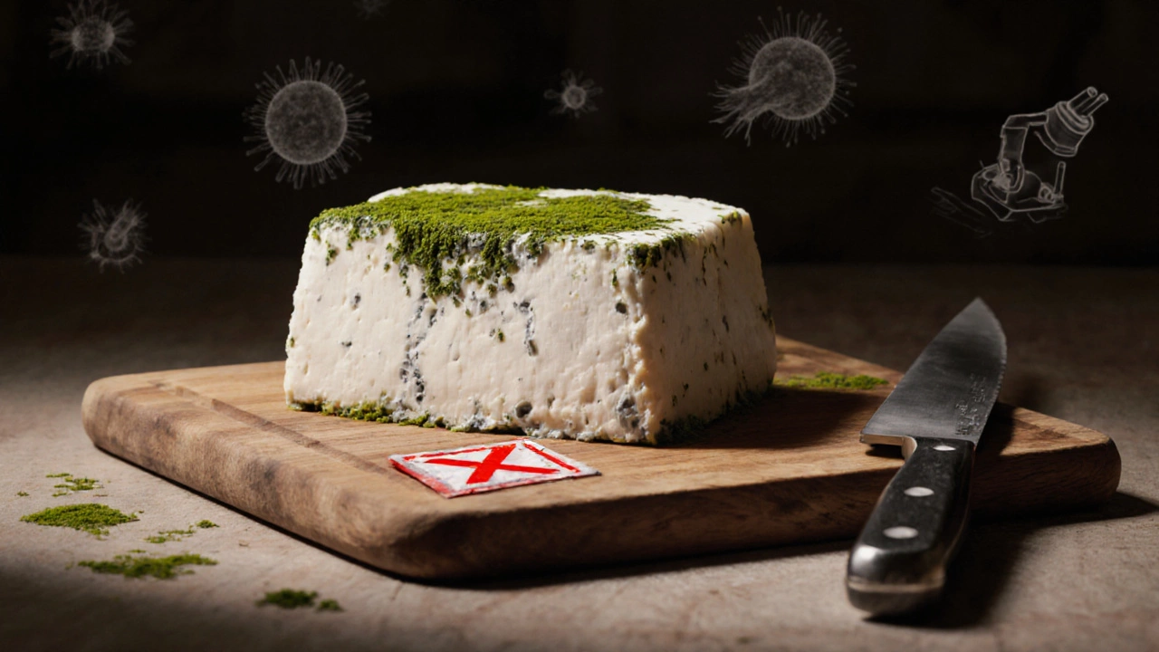 Spoiled paneer with mold and slimy texture on a wooden board