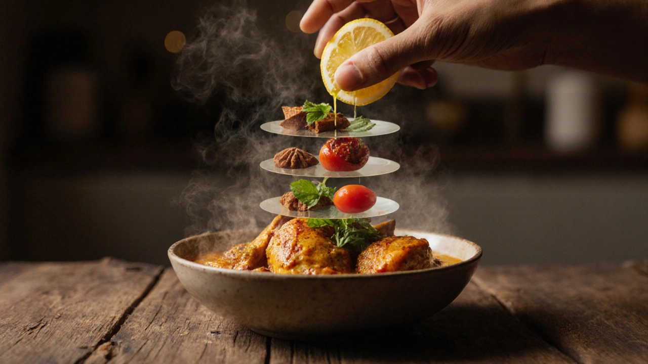 Steaming bowl of curry with lemon juice being poured, abstract layers of flavor rising above.