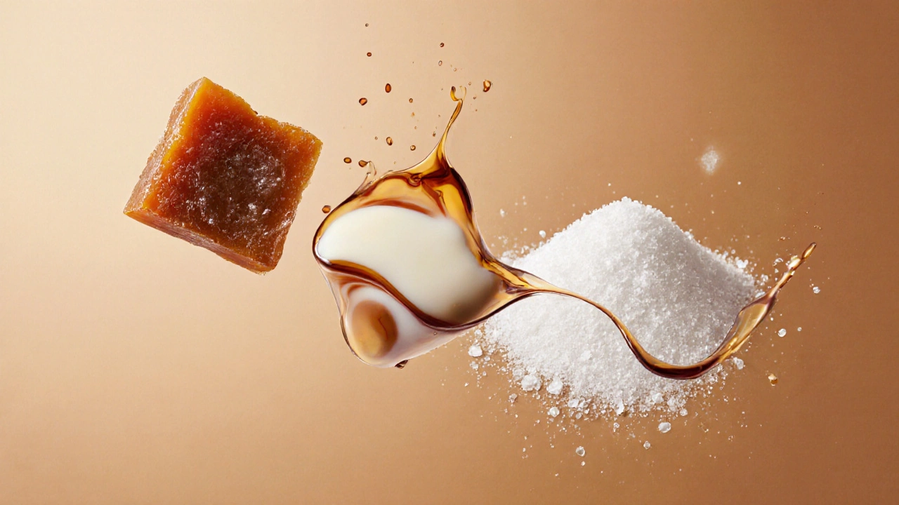 Symbolic representation of jaggery, khoya, and white sugar dissolving into each other.