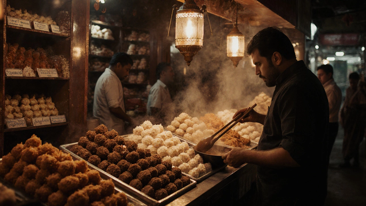 Traditional Indian sweets displayed in a warm, glowing sweet shop at dusk.
