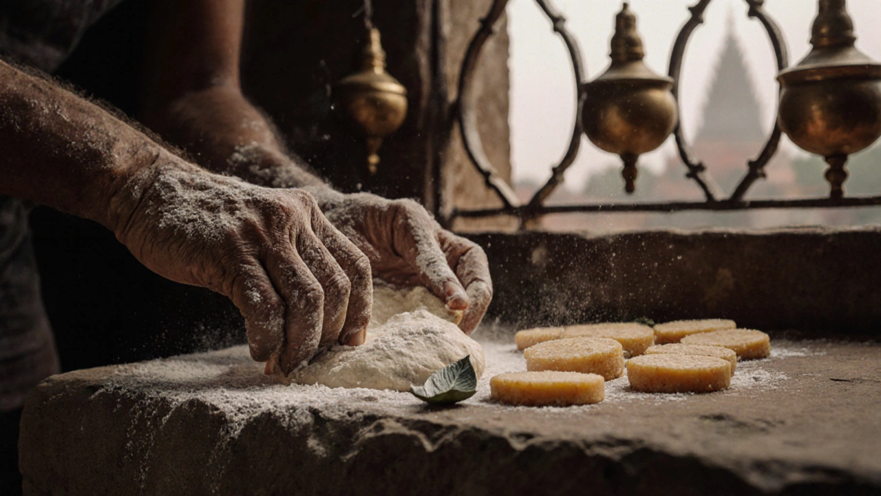Weathered hands shaping soft Peda discs on a stone slab with saffron and silver leaf nearby.