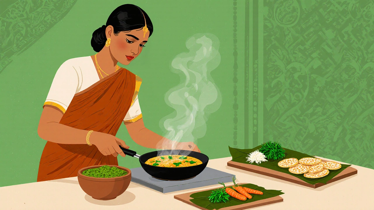 Woman cooking moong dal cheela with mint chutney and baked murukku on a counter.