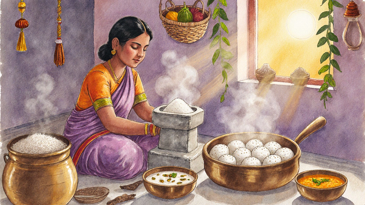 Woman grinding batter for idli in a South Indian kitchen at sunrise