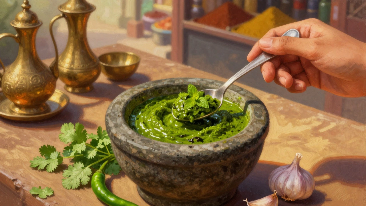 Hand holding a spoon of fresh green mint chutney with herbs and spices scattered on a stone surface.