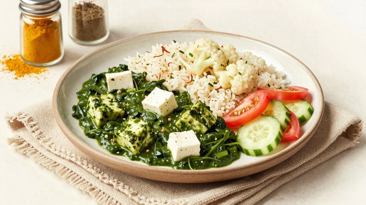 Healthy Indian meal with palak paneer, cauliflower rice, and cucumber salad on a cotton napkin.