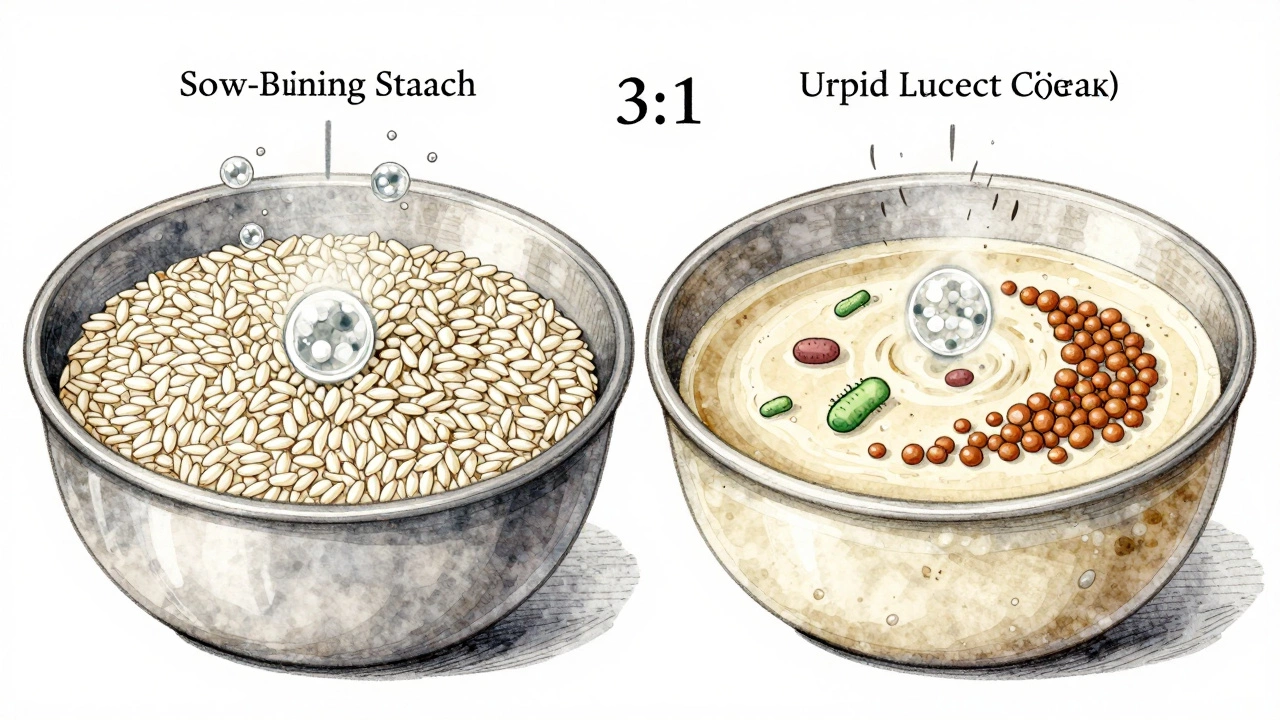 Illustrated science diagram showing rice and urad dal fermenting in balanced ratios with yeast bubbles.