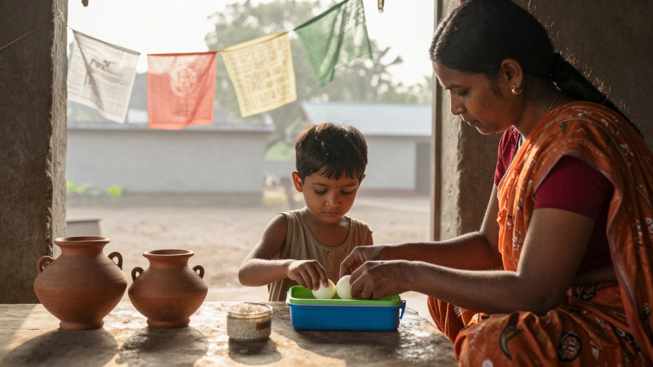 Mother packing boiled eggs in a child&#039;s lunchbox in a rural Odisha home.