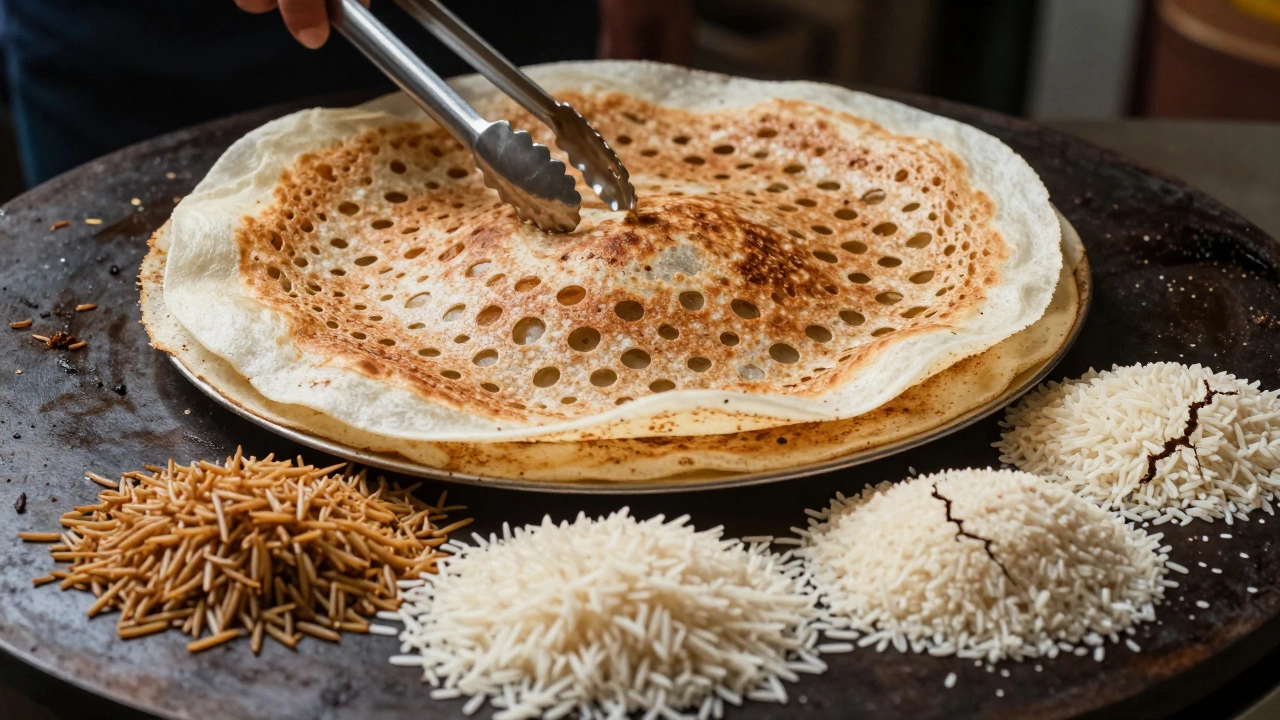 Perfectly crisped dosa lifted from a pan, with different rice types around it showing contrast.