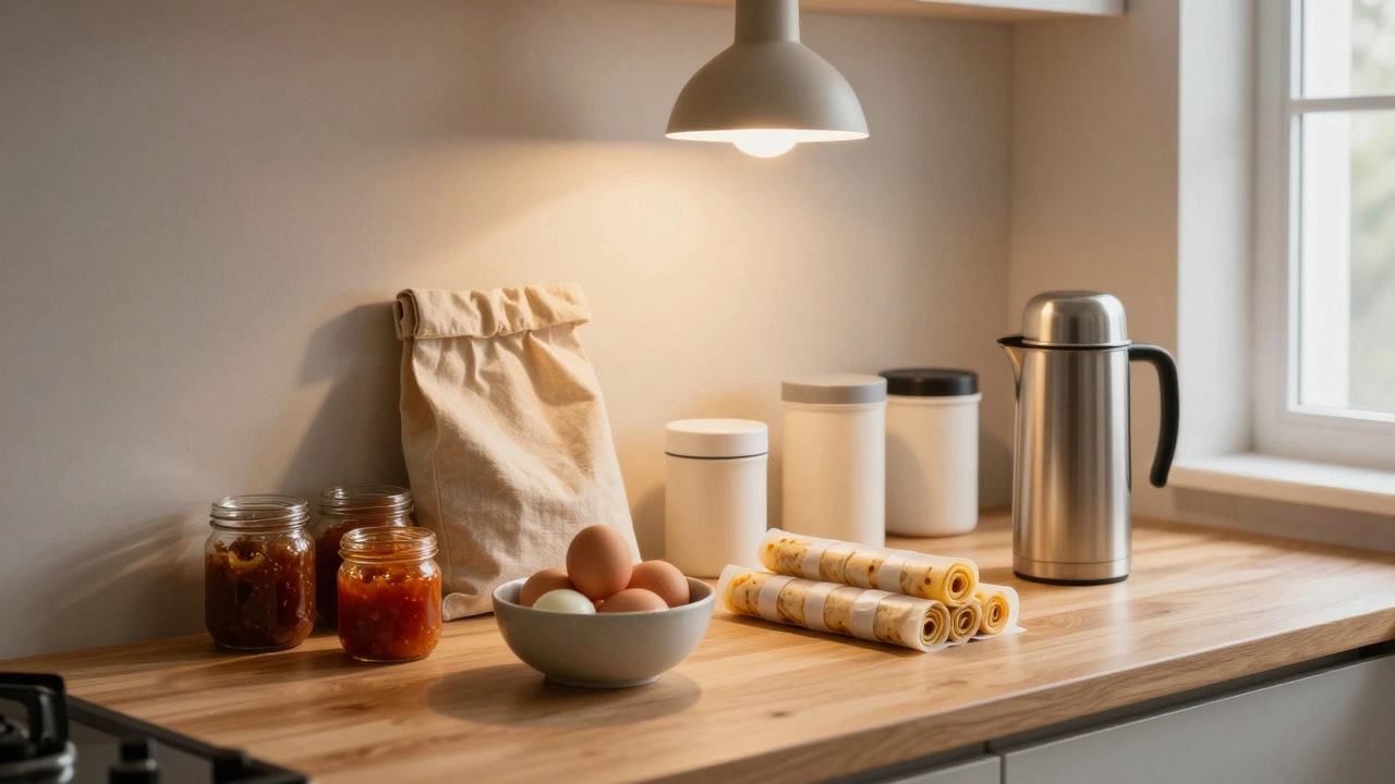 Prepared Indian grab-and-go breakfast items arranged neatly on a kitchen counter.