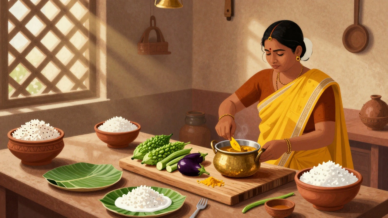 South Indian kitchen scene with woman cooking sambar, fresh vegetables, and clay pots in warm sunlight.