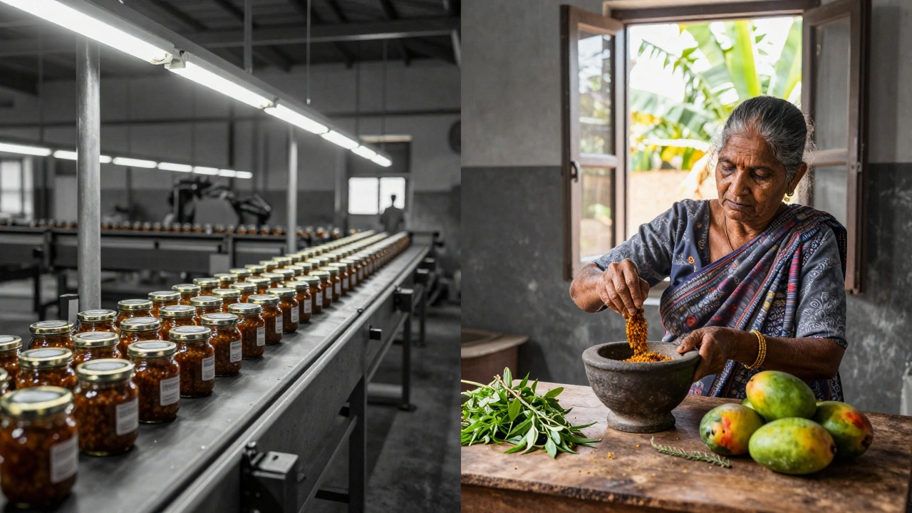 Split scene: factory-made relish on left, traditional chutney-making by hand on right.