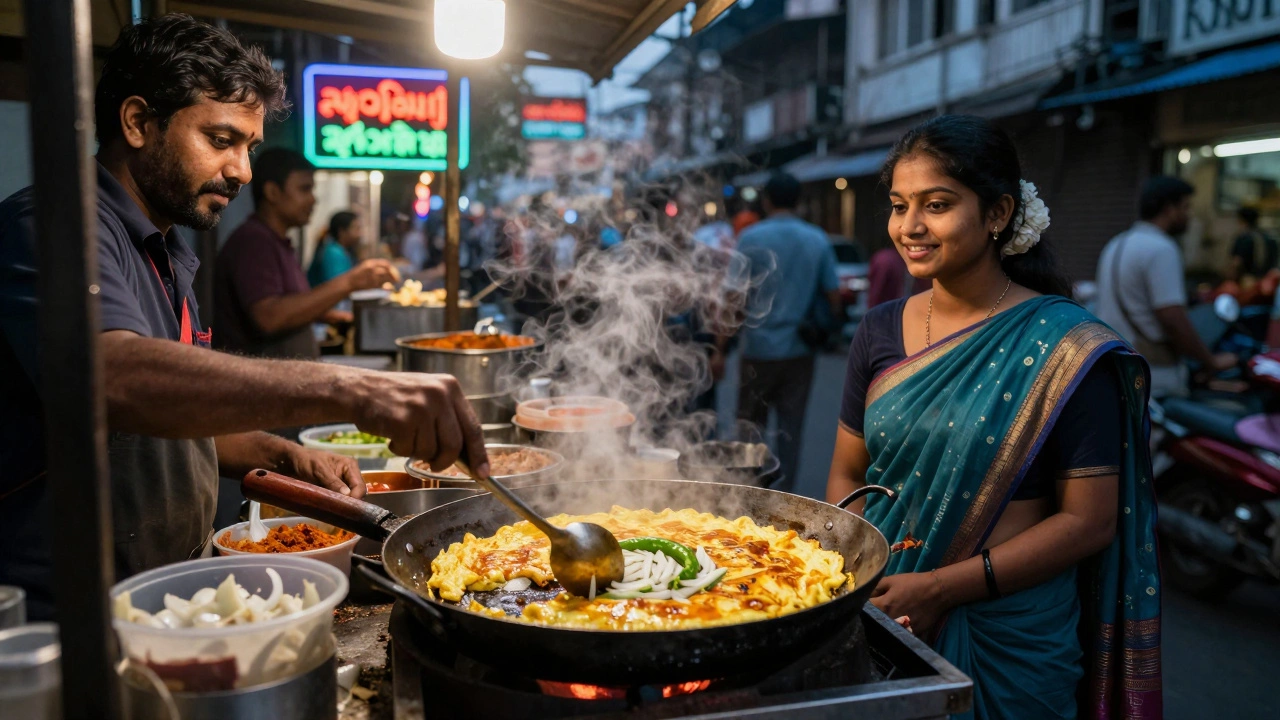 Street vendor flipping a masala omelette at a Mumbai food stall at dusk.