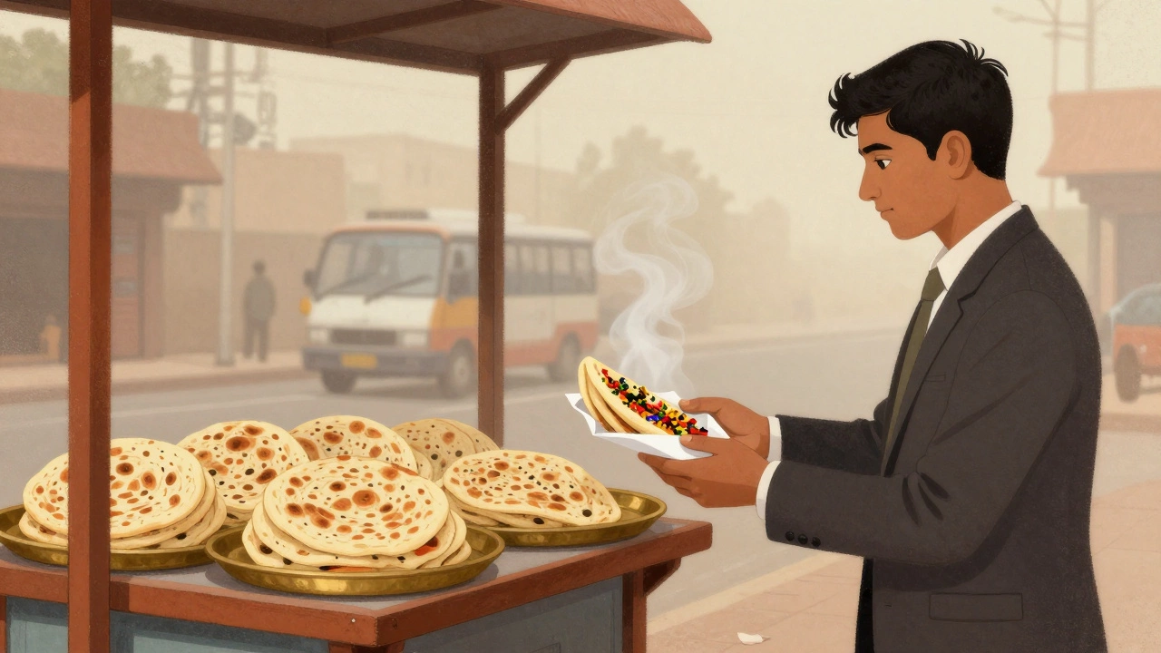 Street vendor handing a wrapped paratha to a commuter at a Delhi bus stop.