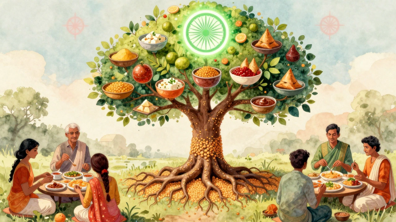 Symbolic tree with Indian vegetarian foods as fruit, surrounded by people sharing meals under a green circle.