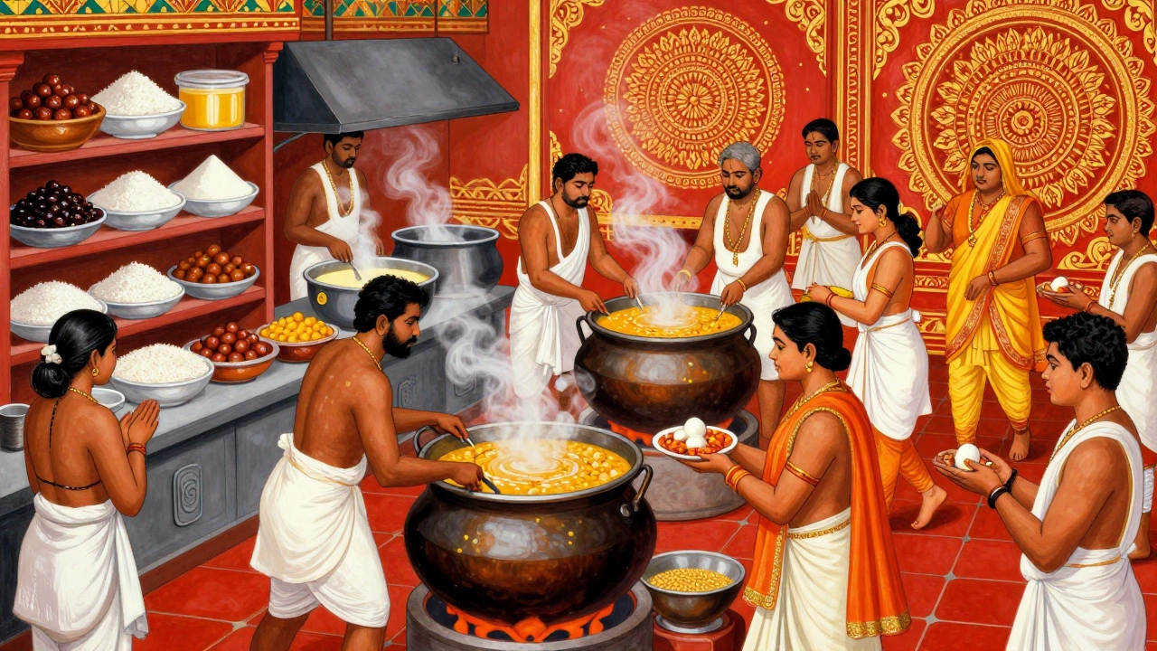 Temple kitchen volunteers serving free vegetarian prasadam with rice, dal, and laddoos.