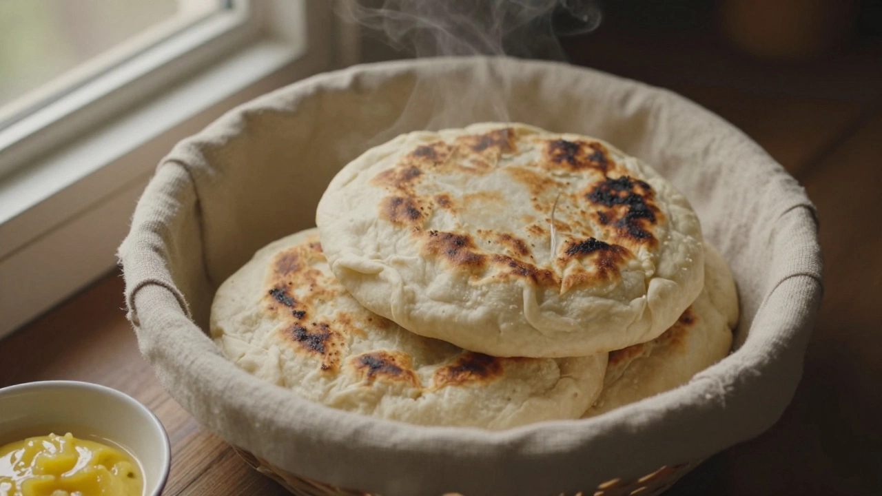 Three fluffy rotis stacked in a cloth basket with steam rising and ghee nearby.