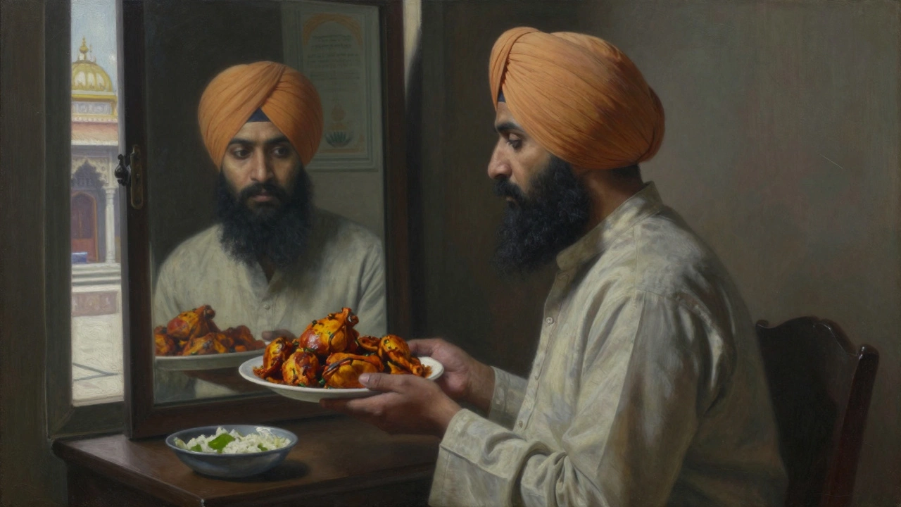 A Sikh man contemplating his meal of chicken and paneer, his reflection showing spiritual focus amid simple surroundings.