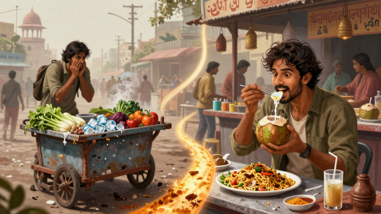 A split image showing safe versus risky street food choices in India, with vibrant colors guiding the viewer toward wise decisions.