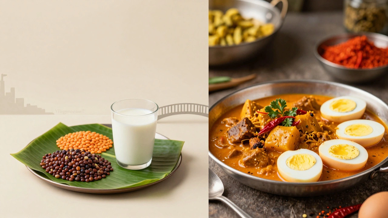 Cultural contrast between vegetarian meal and egg dish in Indian homes.