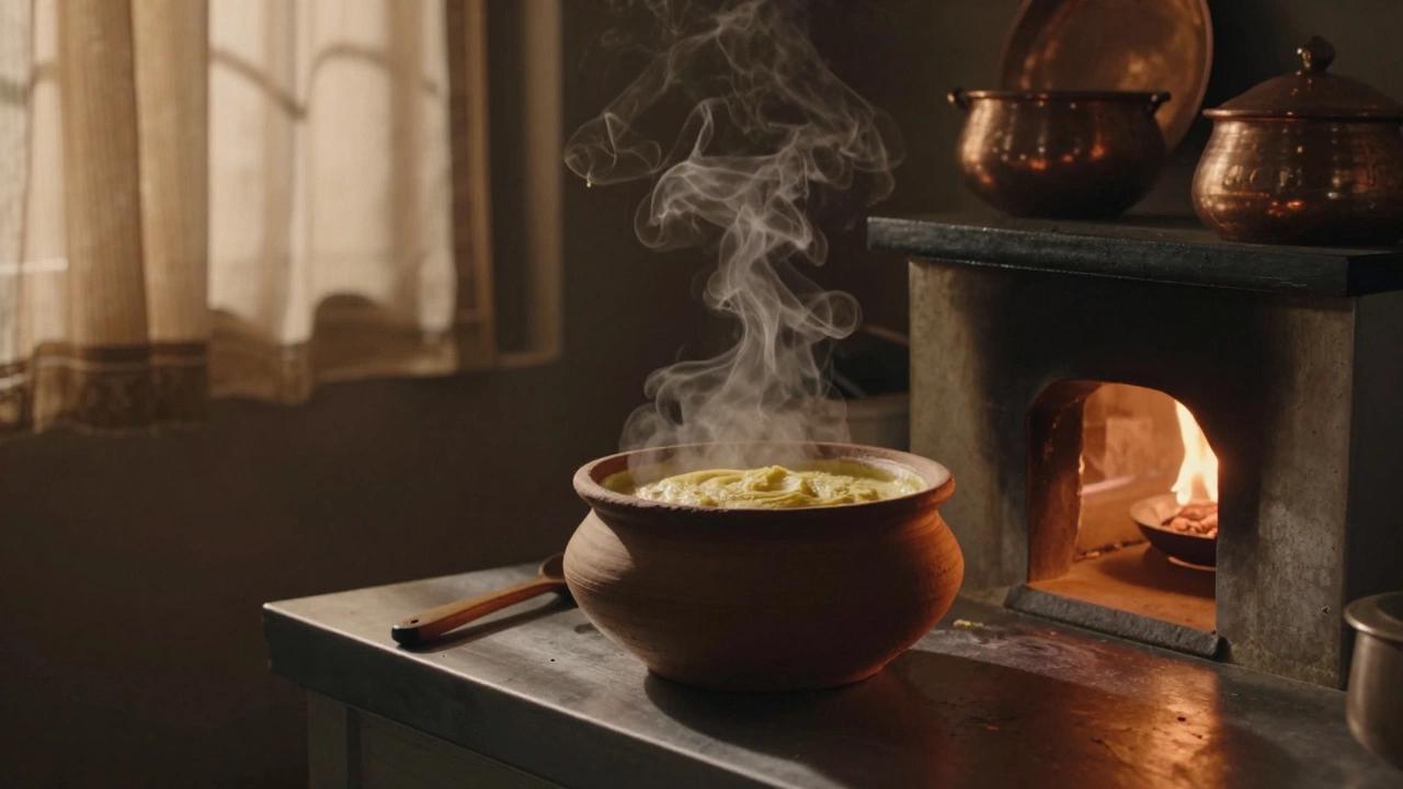 Fermenting dosa batter near a warm oven in a traditional kitchen.