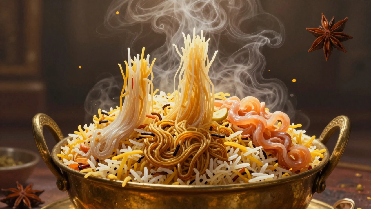 Layered biryani with rice varieties emerging as fragrant streams of light and spice.