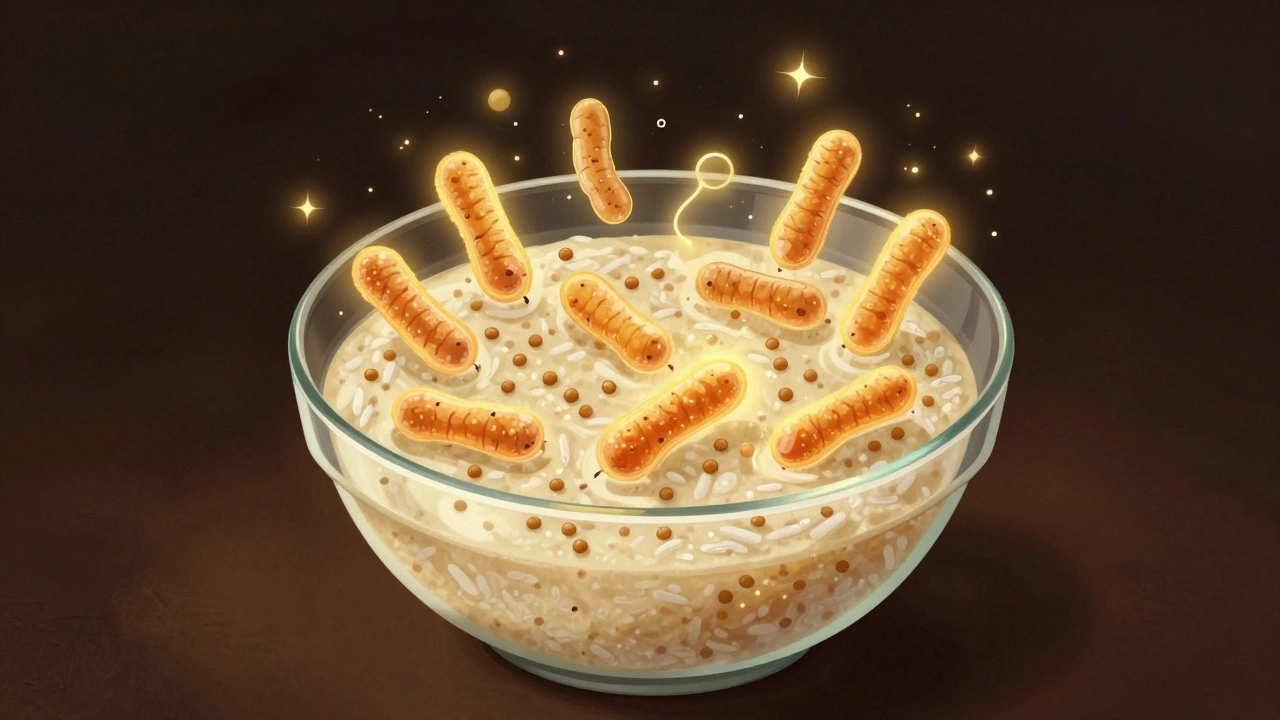 Stylized bacteria fermenting rice and urad dal with glowing lactic acid.