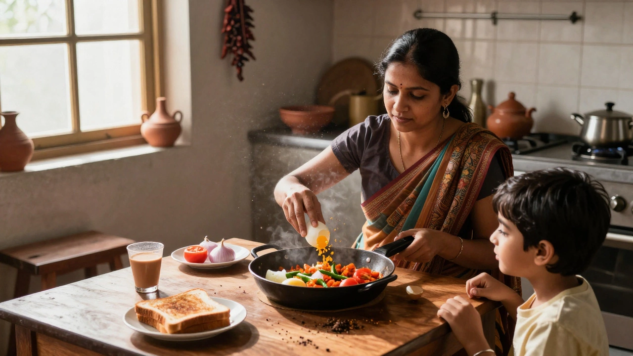 Woman cooking egg bhurji in a home kitchen with spices and toast nearby.