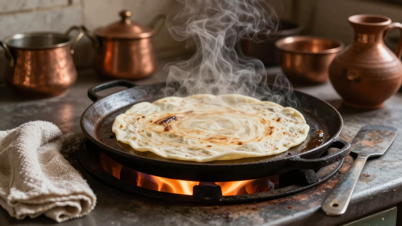 A chapati puffing up over an open flame on a traditional tawa in a rustic kitchen.