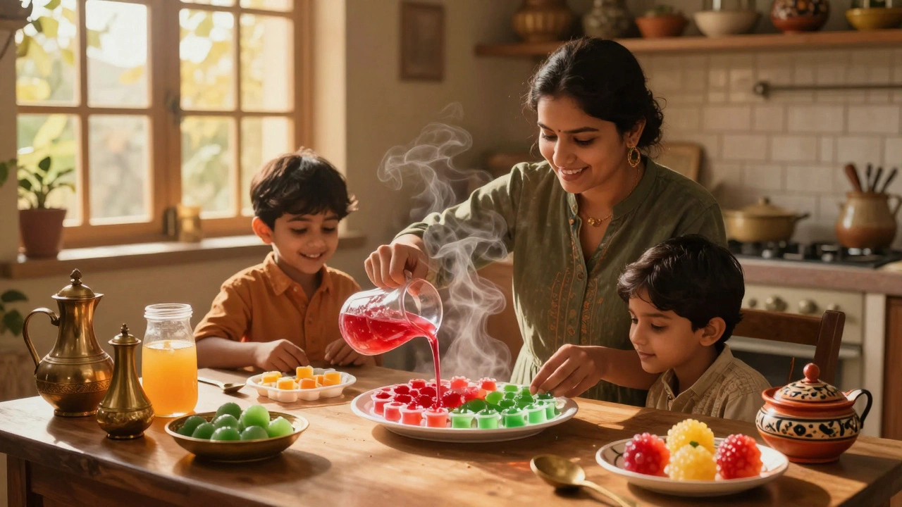 A family makes homemade halal gummies using agar-agar and fruit juice in a traditional Indian kitchen.