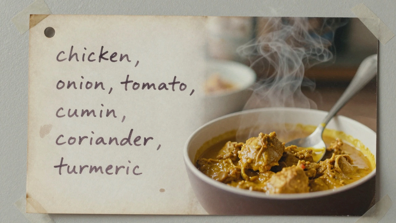 A handwritten chicken curry recipe on a kitchen wall beside a steaming bowl of the dish.