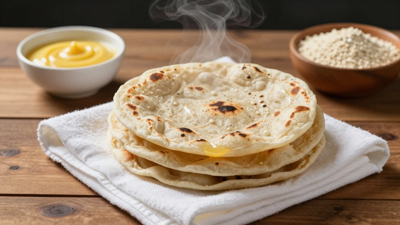 A stack of soft chapatis wrapped in a cotton towel beside a bowl of ghee and atta flour.