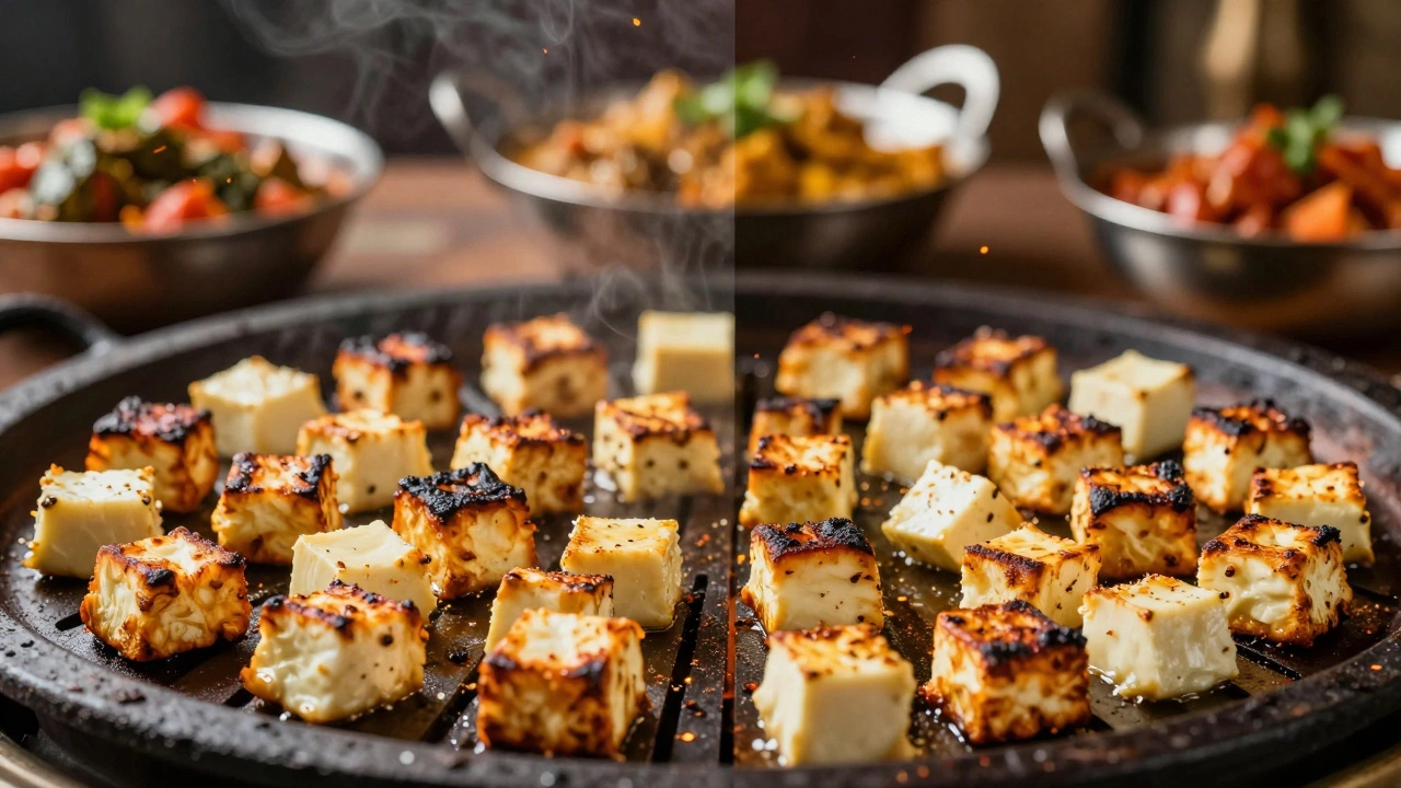 Frying paneer and queso blanco side by side, with Indian curry dishes in the blurred background.