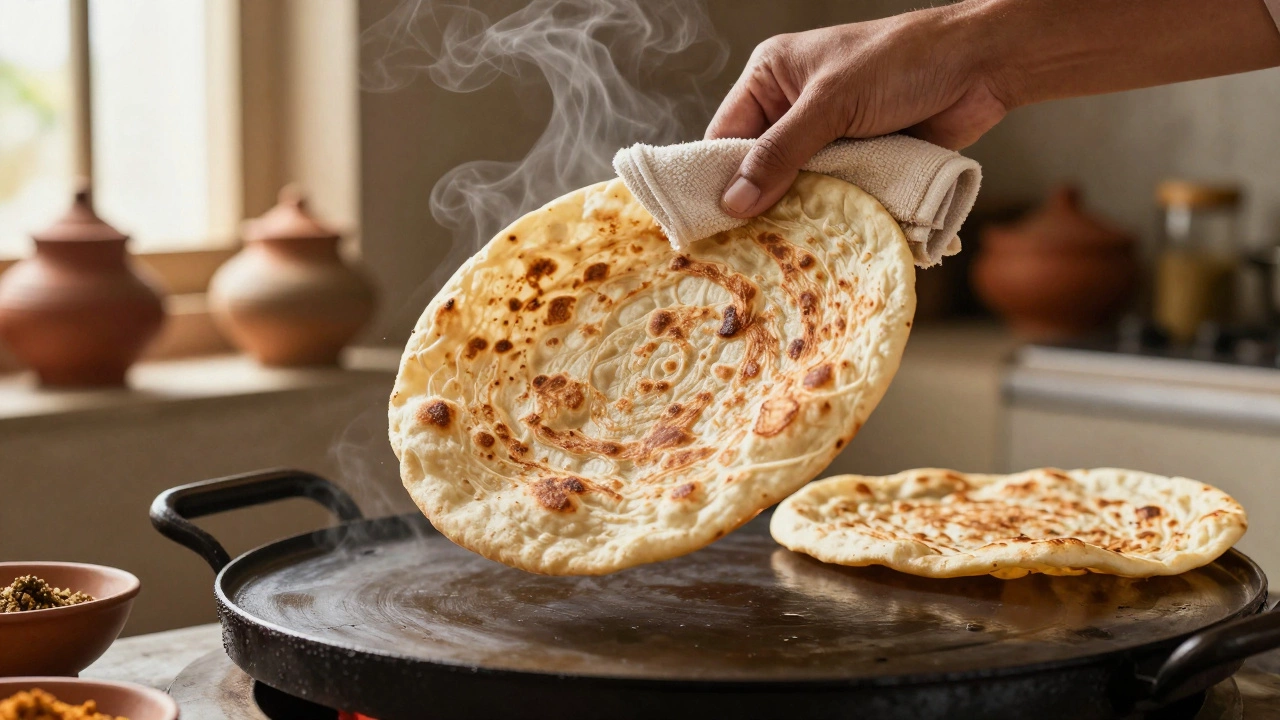 Puffed roti rising from tawa, lightly pressed with a dry cloth.