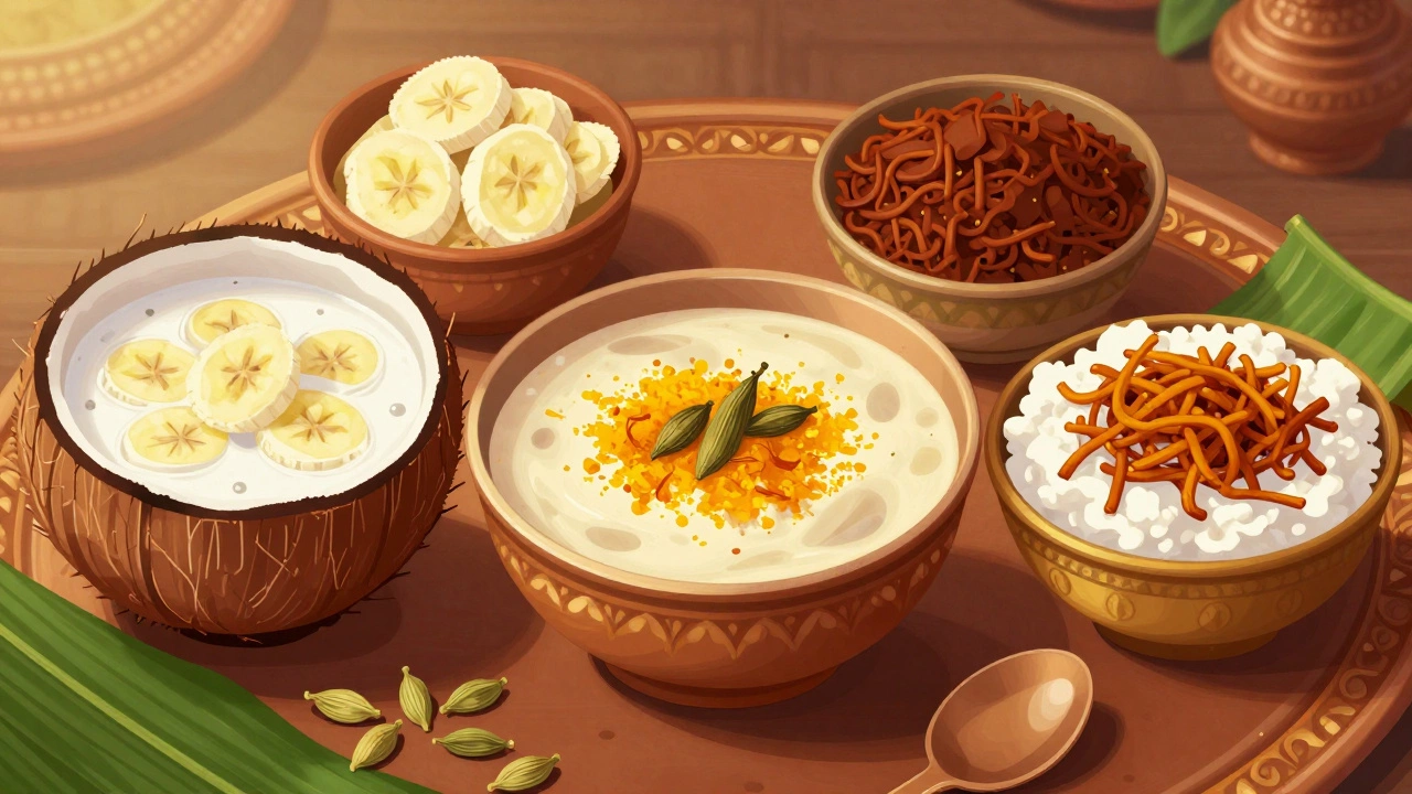 Regional Payasam variations: South Indian coconut milk, North Indian saffron Kheer, Kerala vermicelli.
