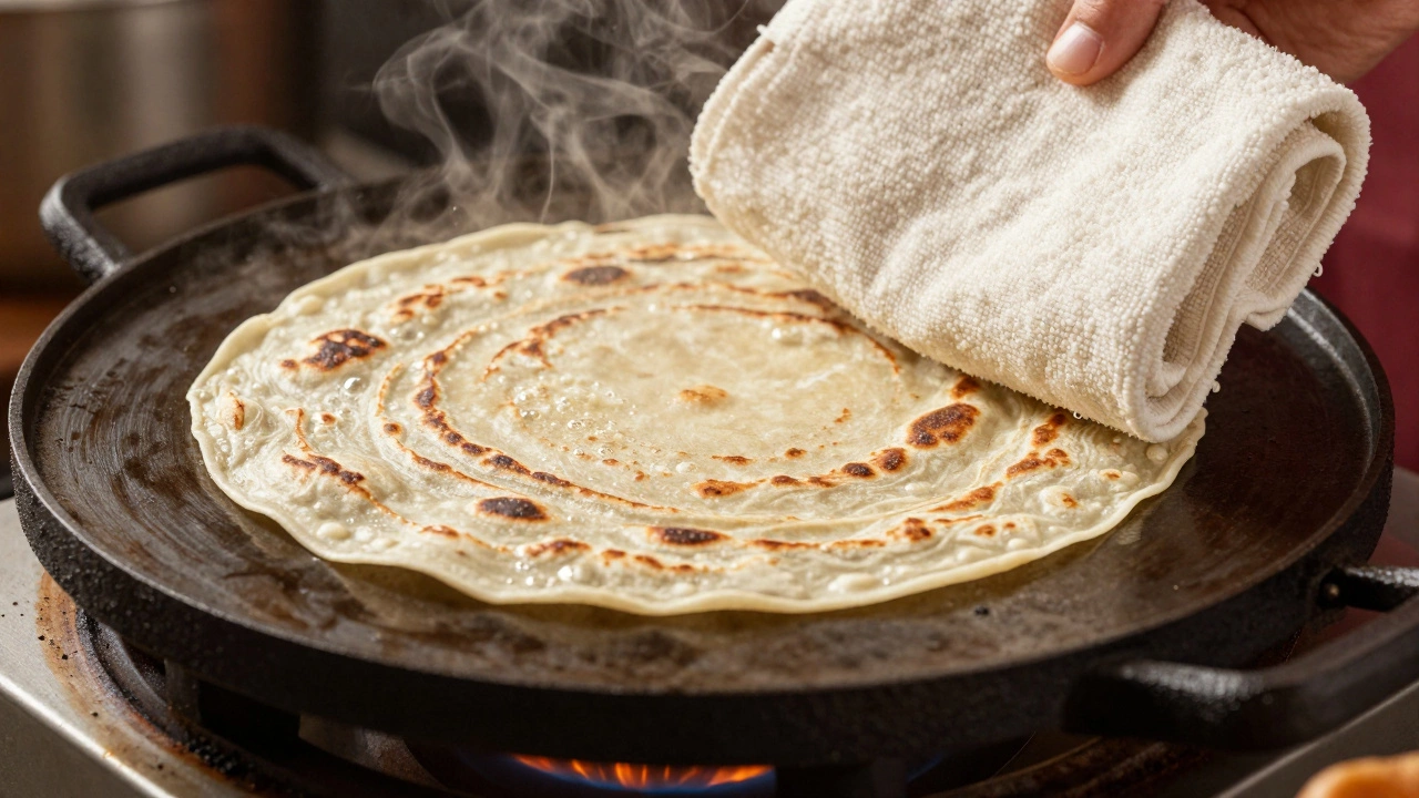 Roti on hot tawa with steam bubbles forming, ready to be pressed.
