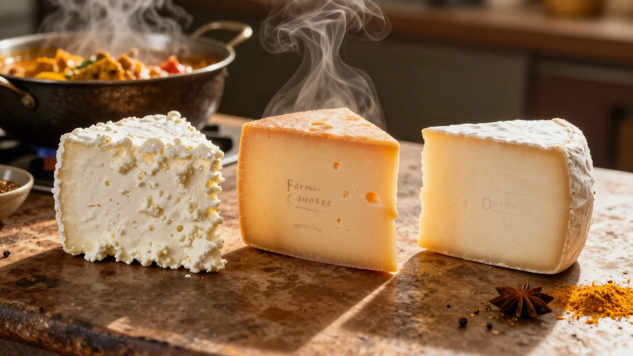 Three cheese substitutes arranged on a spice-covered counter beside a steaming Indian curry.