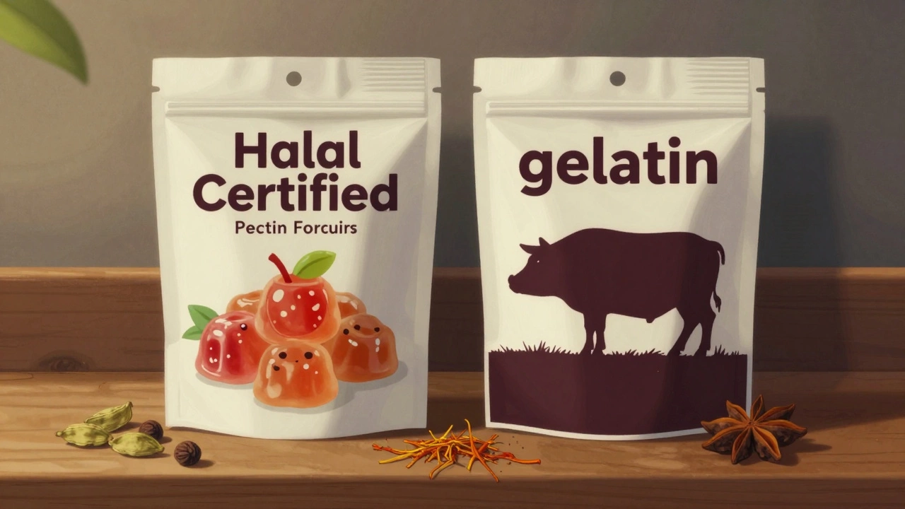 Two gummy packs side by side: one halal-certified with plant-based ingredients, the other with ambiguous animal sources.