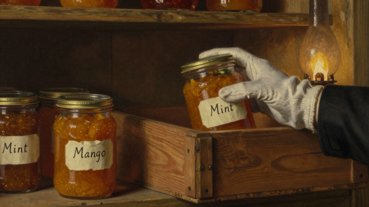 Victorian-era glass jars of chutney on wooden shelves in a British pantry.