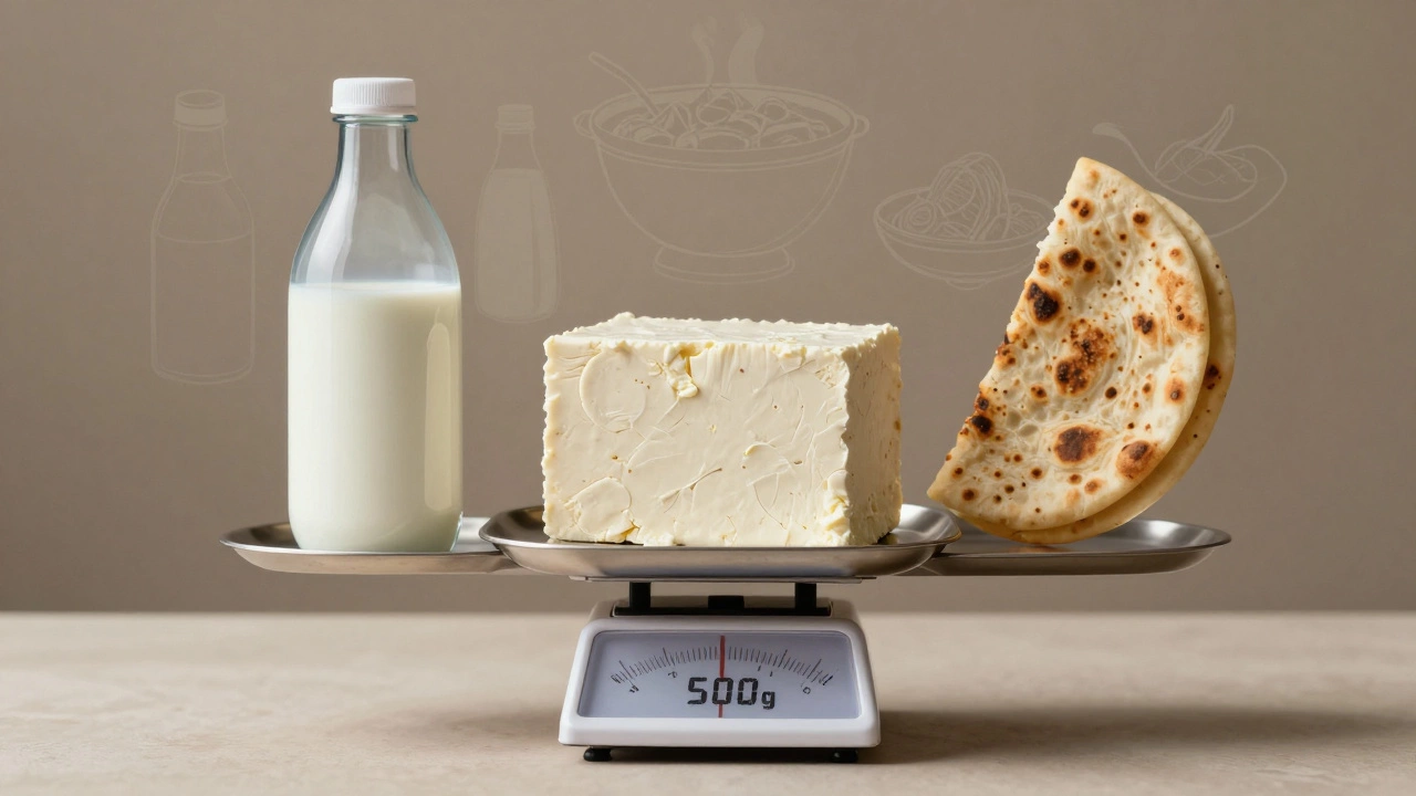 A kitchen scale balancing 2.5 liters of milk with a 500g paneer block, with faint outlines of Indian paneer dishes in the background.