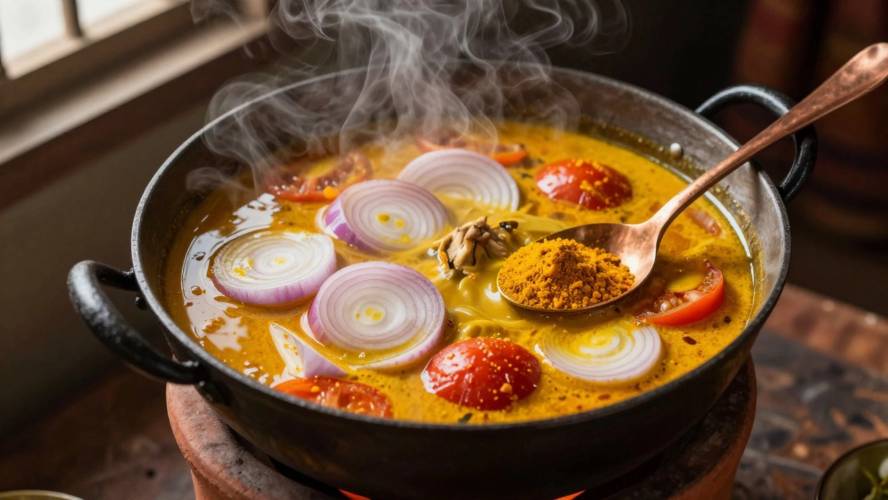 A simmering pot of chicken curry with turmeric-infused oil glistening, surrounded by cooking ingredients.