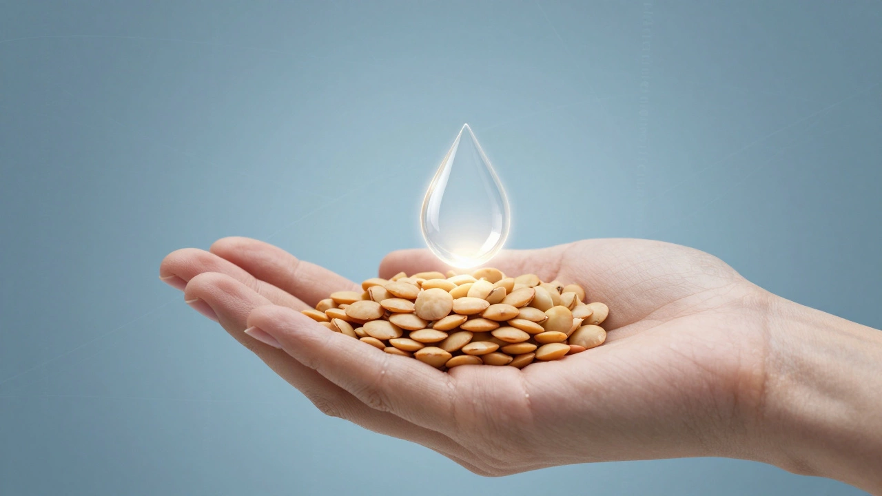 A single lentil being hydrated by a glowing water droplet, symbolizing absorption and digestion.