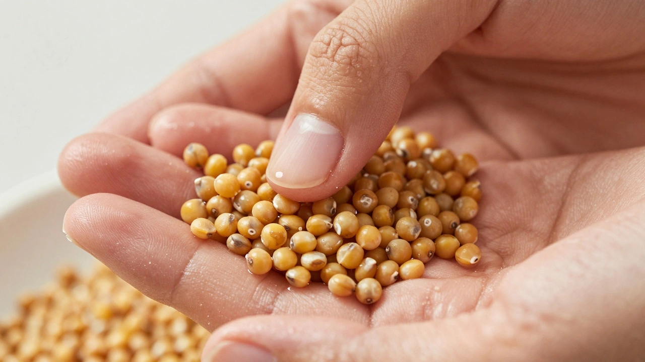 Close-up of hands rubbing soaked urad dal between fingers to check texture.