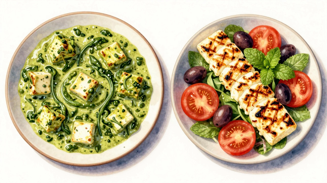 Palak paneer with creamy gravy next to grilled halloumi in Greek salad with mint and tomatoes.