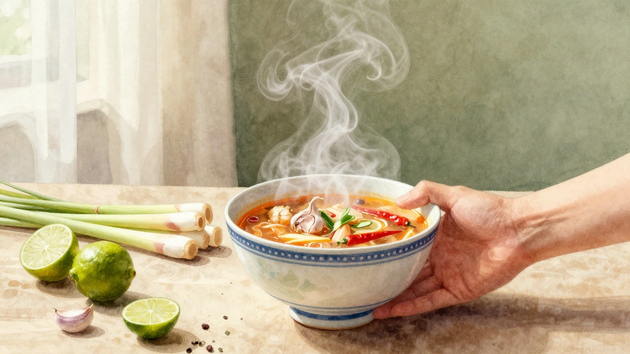 Person enjoying steaming Tom Yum soup with herbs and lime nearby