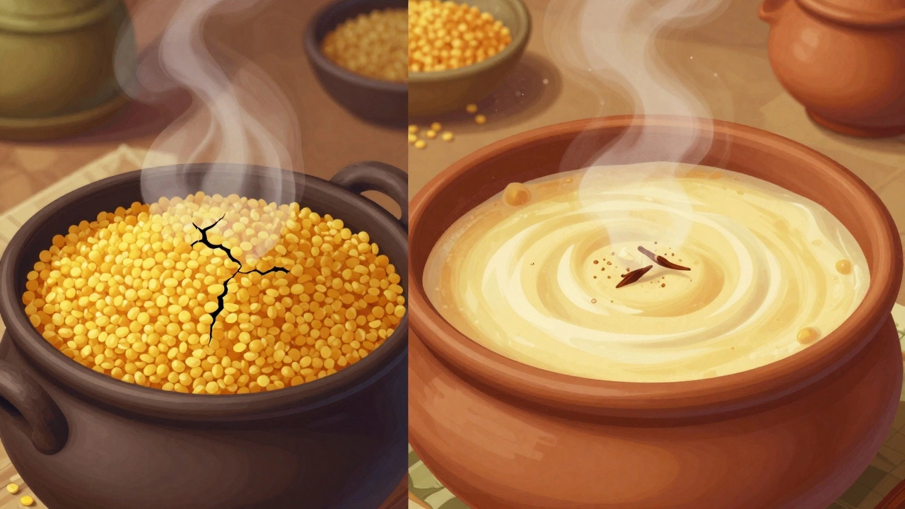 Side-by-side comparison of unsoaked and soaked dal cooking in traditional Indian pots.
