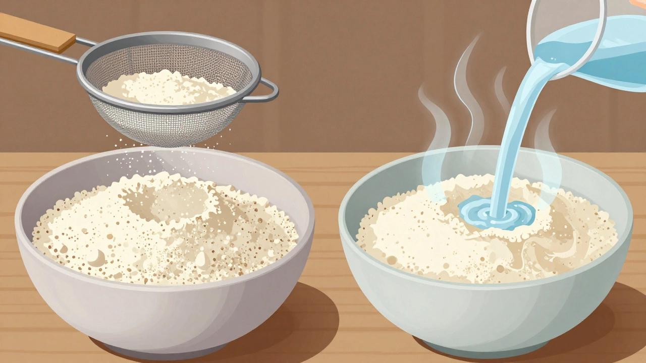 Split view of coarse versus sifted fine whole wheat flour with warm water being poured in, highlighting flour preparation for roti dough.