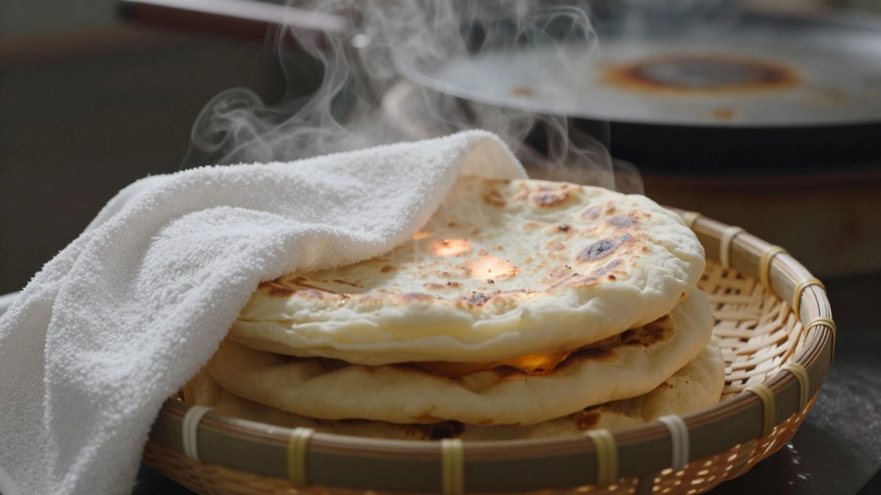 Stacked rotis covered with a damp towel, releasing steam, with a tawa in the background showing light browning marks.