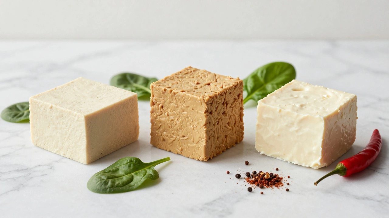 Three plant-based substitutes including tofu soy and cashew mock cheese options