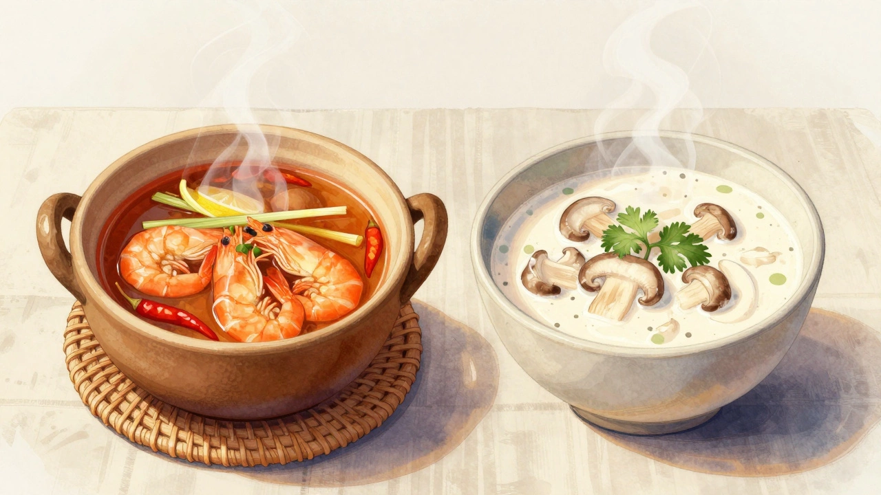 Two Tom Yum soup bowls on rattan mat showcasing clear and creamy broth variations