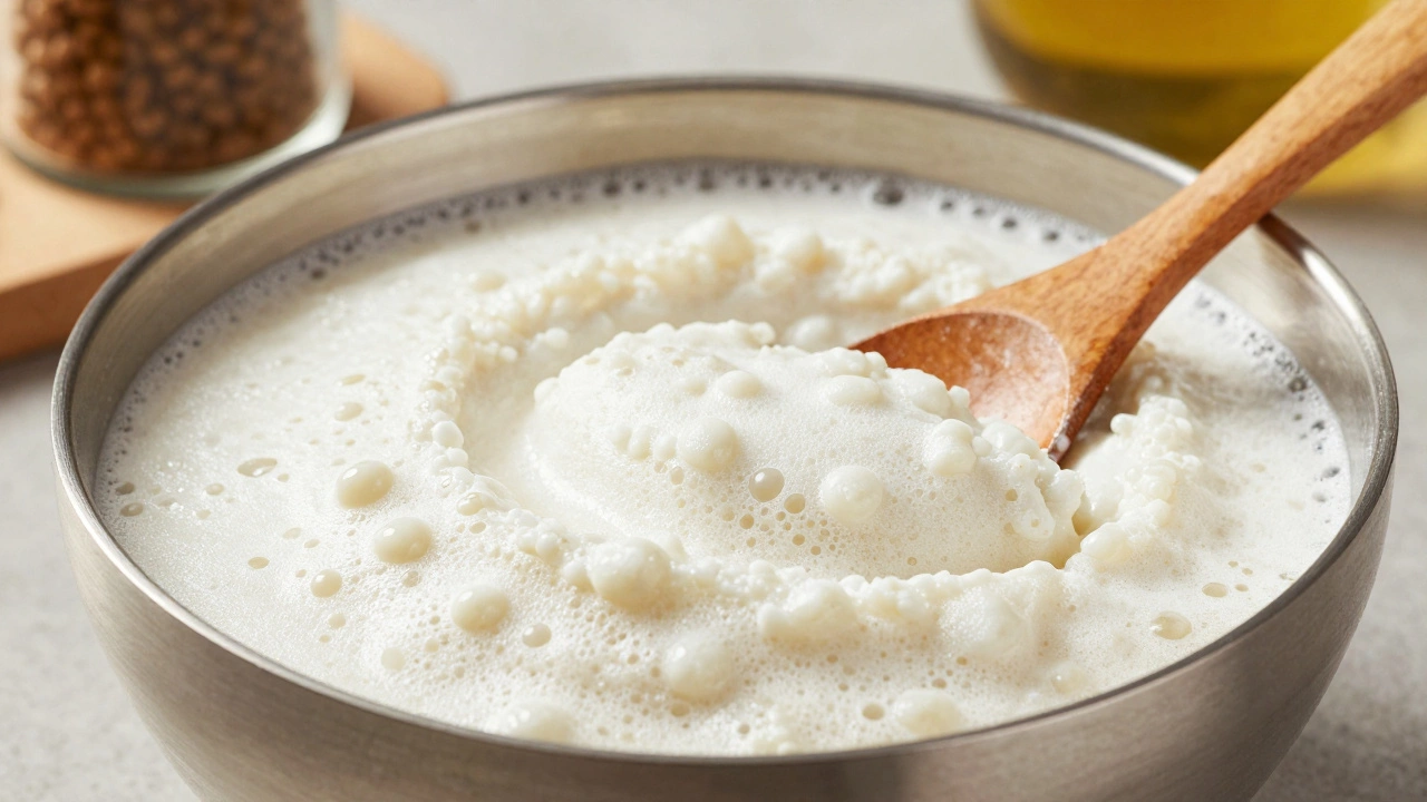 White frothy urad dal paste in a bowl ready for making dosa batter.